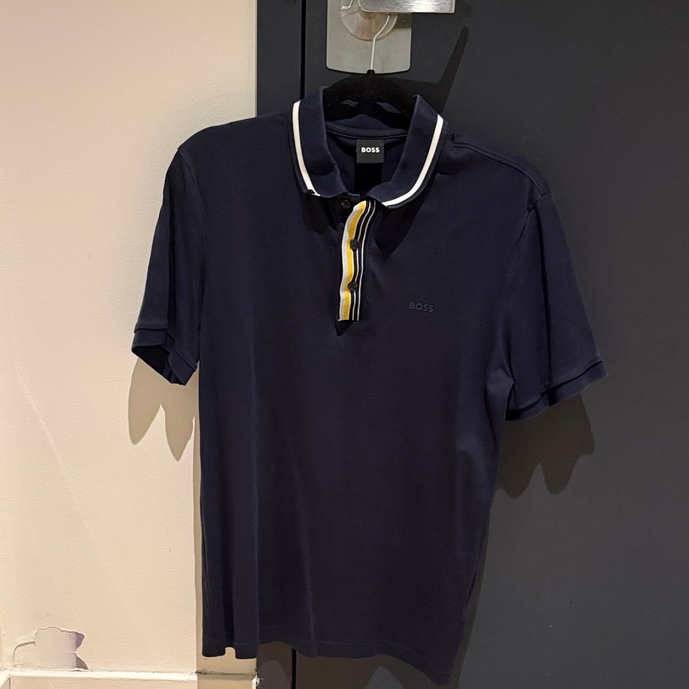 BOSS Navy Polo with White-Trim Collar and Yellow Stripe Placket
